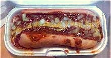 Photograph of a Coney Island hot dog.