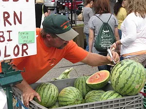 English: A farmer/vendor marking prices on mel... English: A farmer/vendor marking prices on mel...