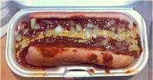 Photograph of a Coney Island hot dog. Photograph of a Coney Island hot dog.