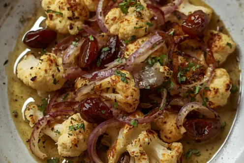 Roasted Cauliflower with Red Onions, Dates, and Middle Eastern Spices