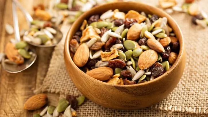 Nuts, seeds and dried fruit in a bowl