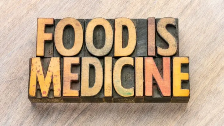wooden blocks spelling out "food is medicine"