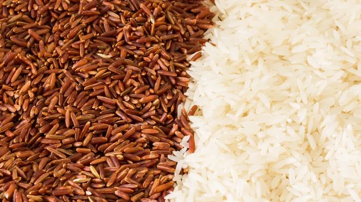 Brown and white rice spread out next to eachother