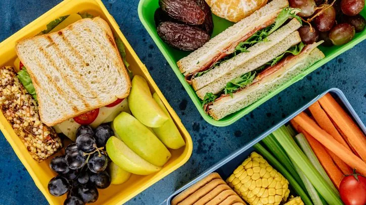 School lunch packed with healthy foods and fruits and vegetables