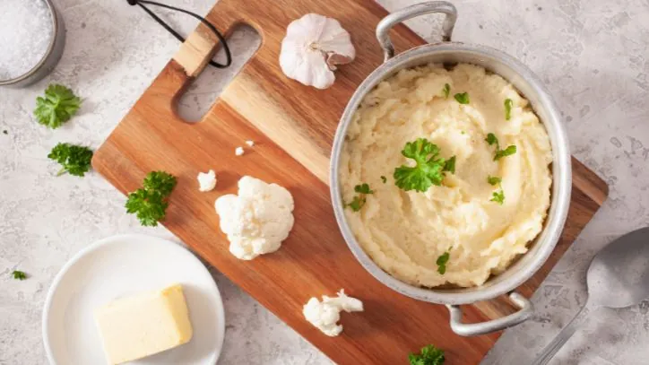 pot filled with mashed cauliflower
