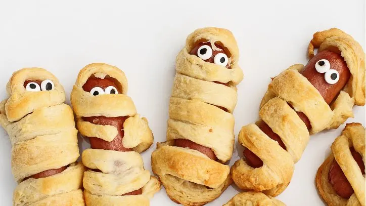 Hot dogs wrapped to look like mummies