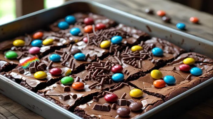 Brownies in a pan, covered in various candies