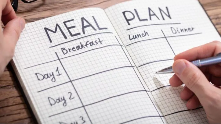 Journal with a grid layed out for a weekly meal plan