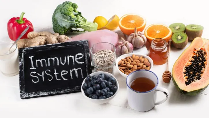 Sign that says "Immune System" surrounded by healthy foods
