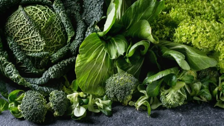 Pile of various leafy greens on a table