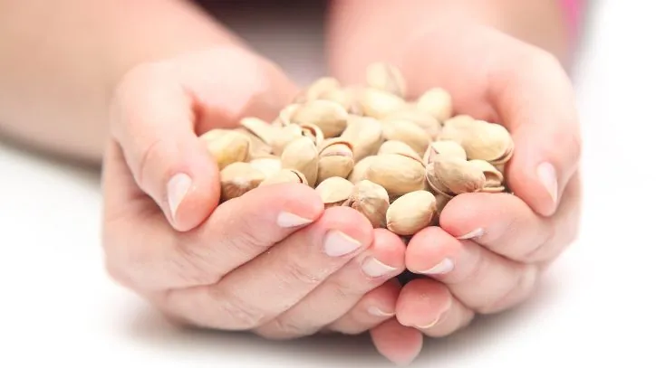 hands holding a bunch of pistachios