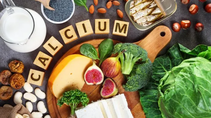 Foods that are high in calcium spread out on a countertop