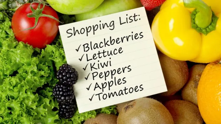 A small grocery shopping list sitting on top of a bunch of fresh produce