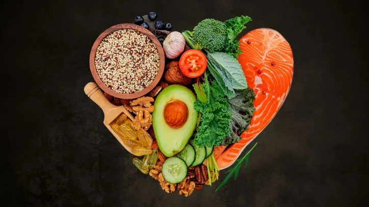Healthy food laid out in the shape of a heart