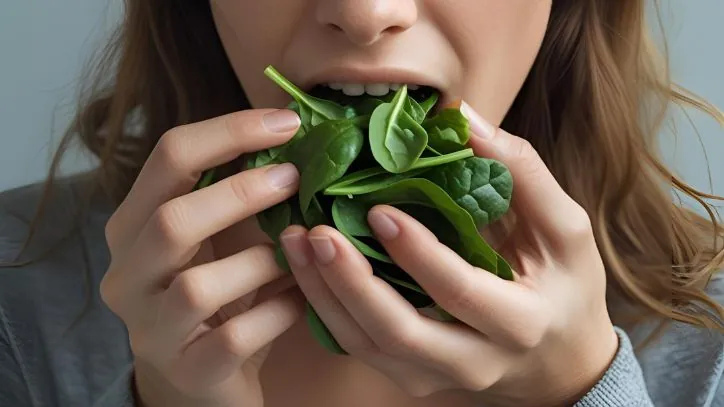 Close up of a woman eating a handful of raw spinach